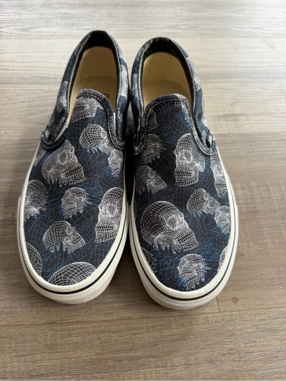 Vans Slip-On Sneakers in Black, White and Blue Skull Pattern